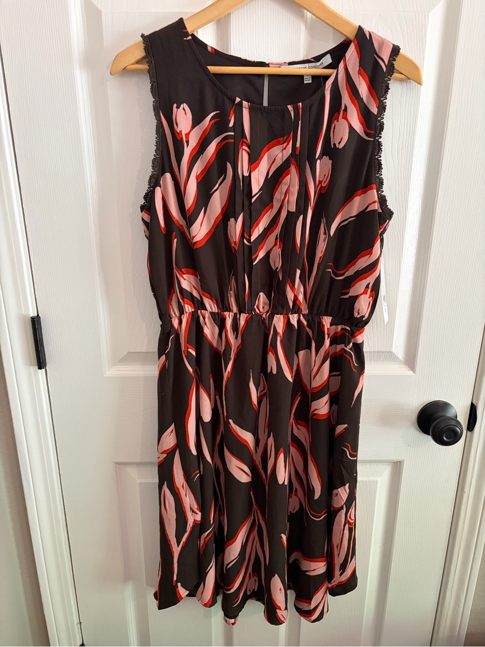 NWT - Collective Concepts Brown Midi Dress with Pink and Red Floral Print - Sz L